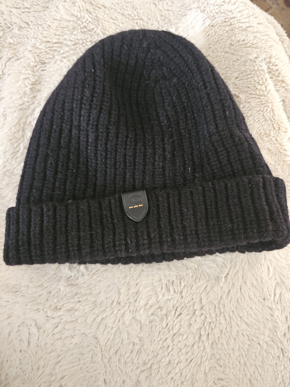 Coach Black Beanie with Leather Trim